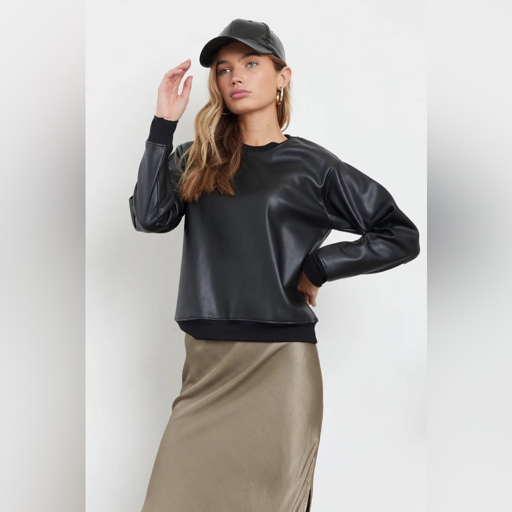 LA Made Varsity Vintage Fit Vegan Leather Raglan Crewneck